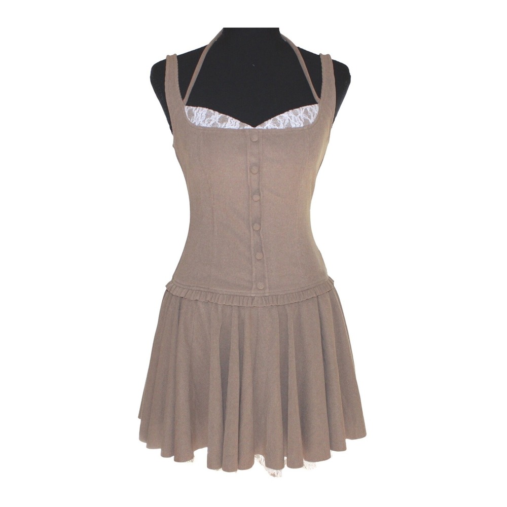 Coquette Tan Corduroy Corset Mini Dress Pleated Halter Lace Trim Size L